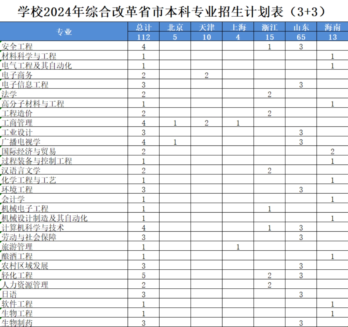 學(xué)校2024年綜合改革省市本科專業(yè)招生計劃表（3+3）